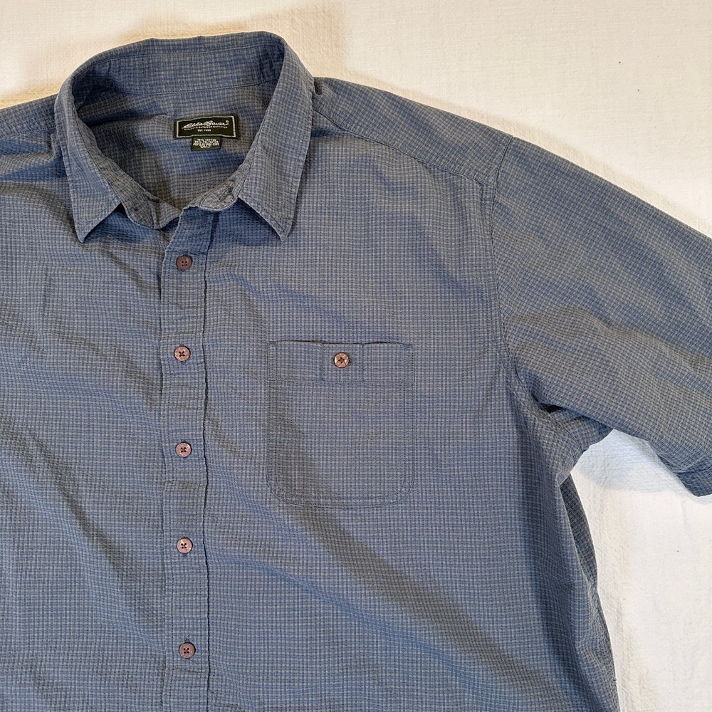 Eddie Bauer Mens 3XL Tall Blue Micro Check Short Sleeve Button Up Shirt Pocket - Picture 2 of 16